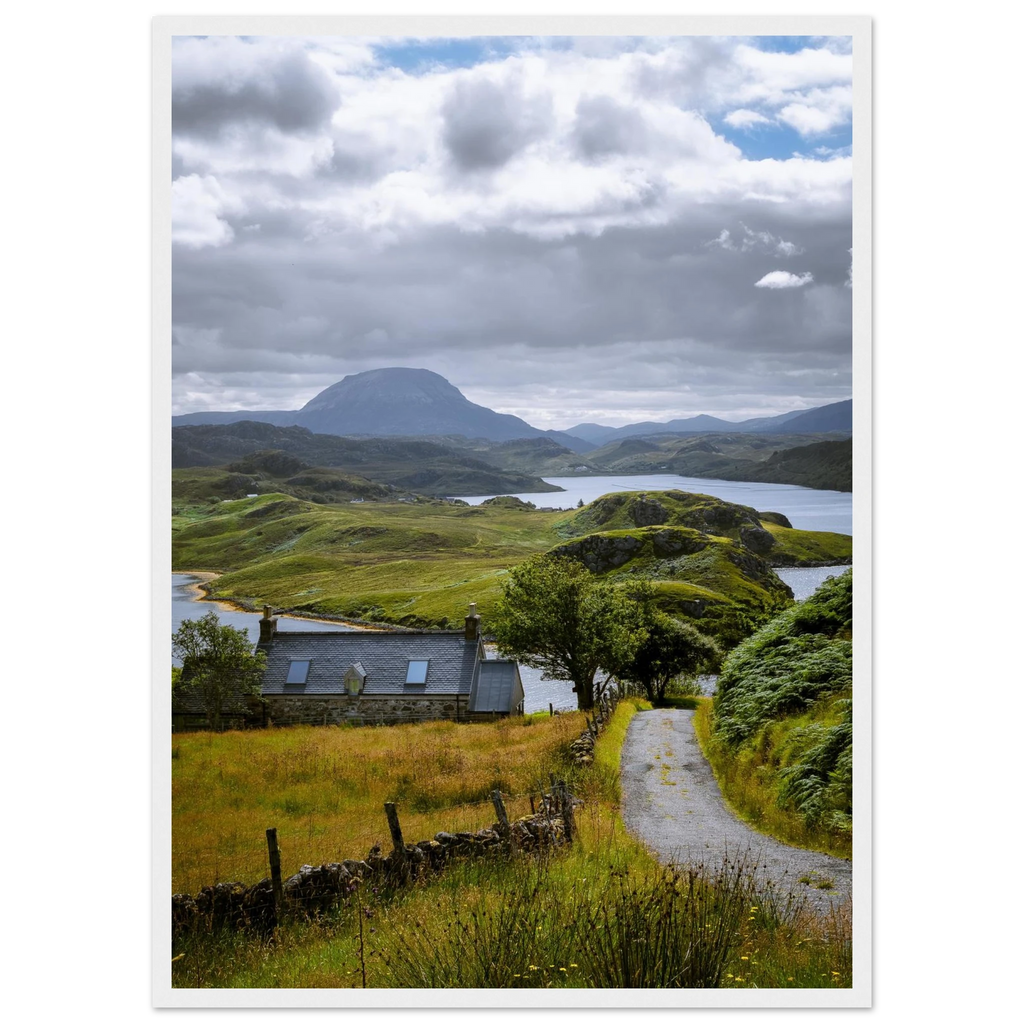 Remote cottage and coastal landscape at Badcall Bain the Scottish Highlands