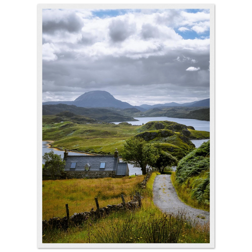 Remote cottage and coastal landscape at Badcall Bain the Scottish Highlands