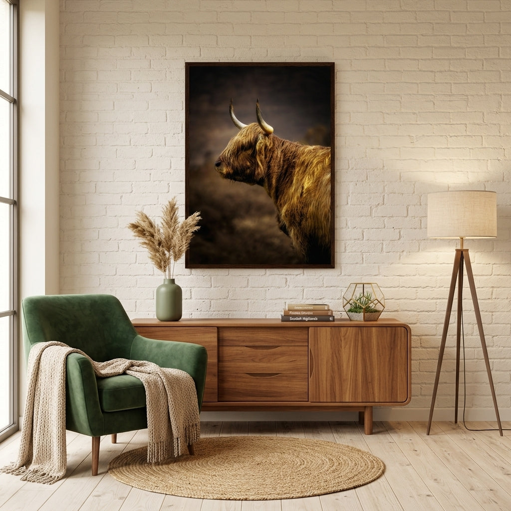 Highland Cow Scotland Photography Print – Golden Hour Landscape Wall Art