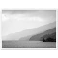Black and white view across Loch Lomond and the
surrounding mountains