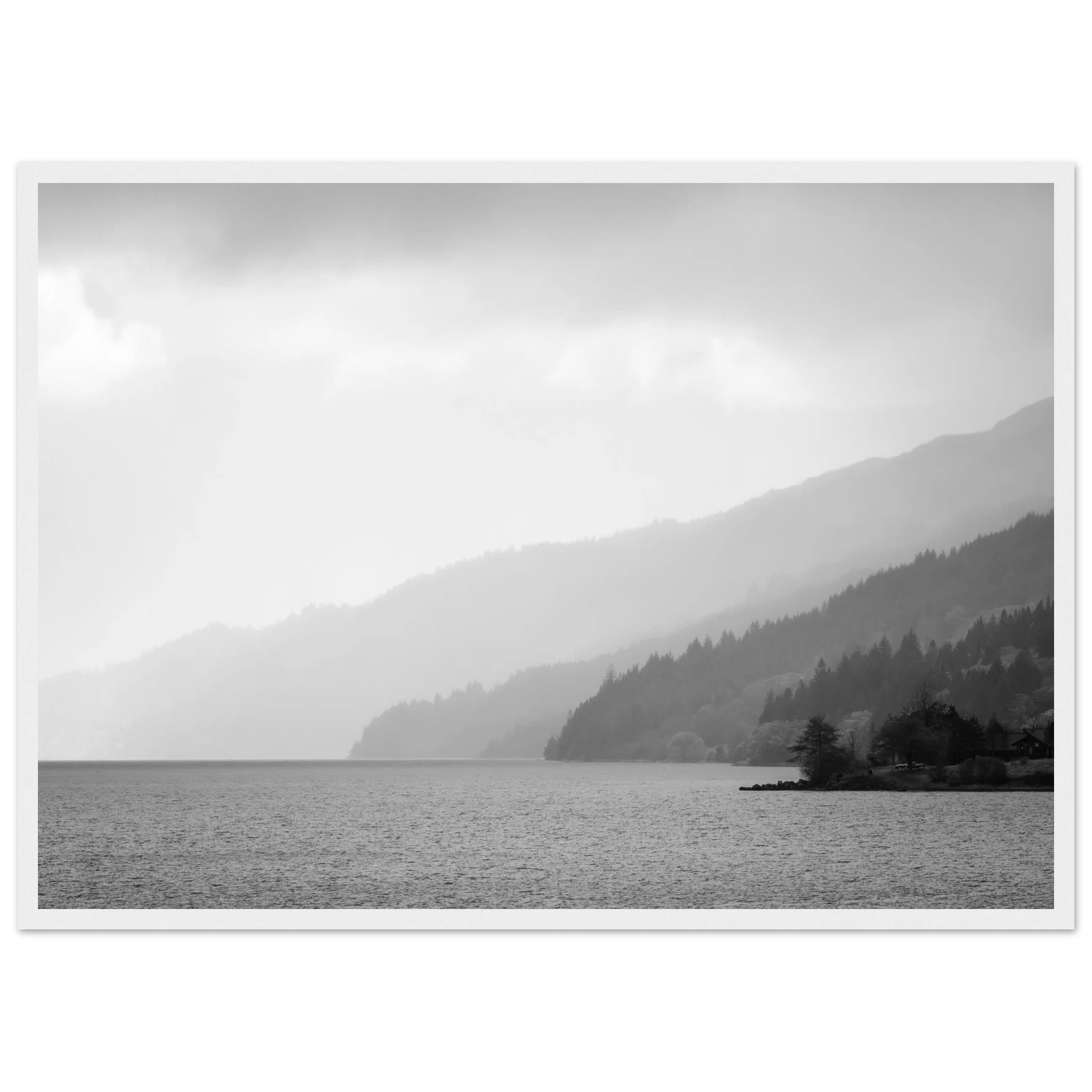 Black and white view across Loch Lomond and the
surrounding mountains