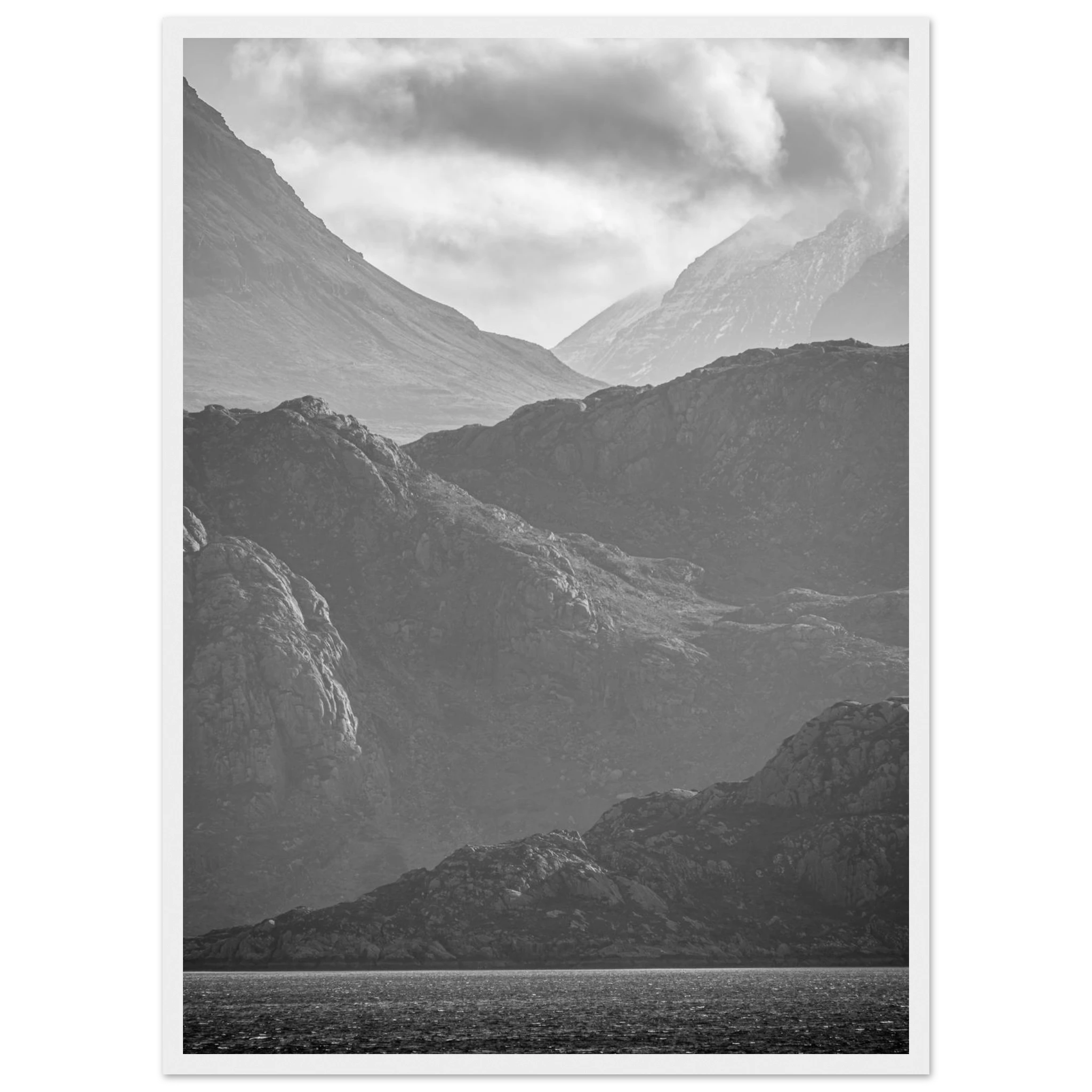 Black and white layered mountain landscape in the
Scottish Highlands