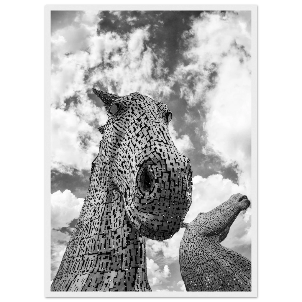 Black and white photograph of The Kelpies sculptures
in Falkirk, Scotland