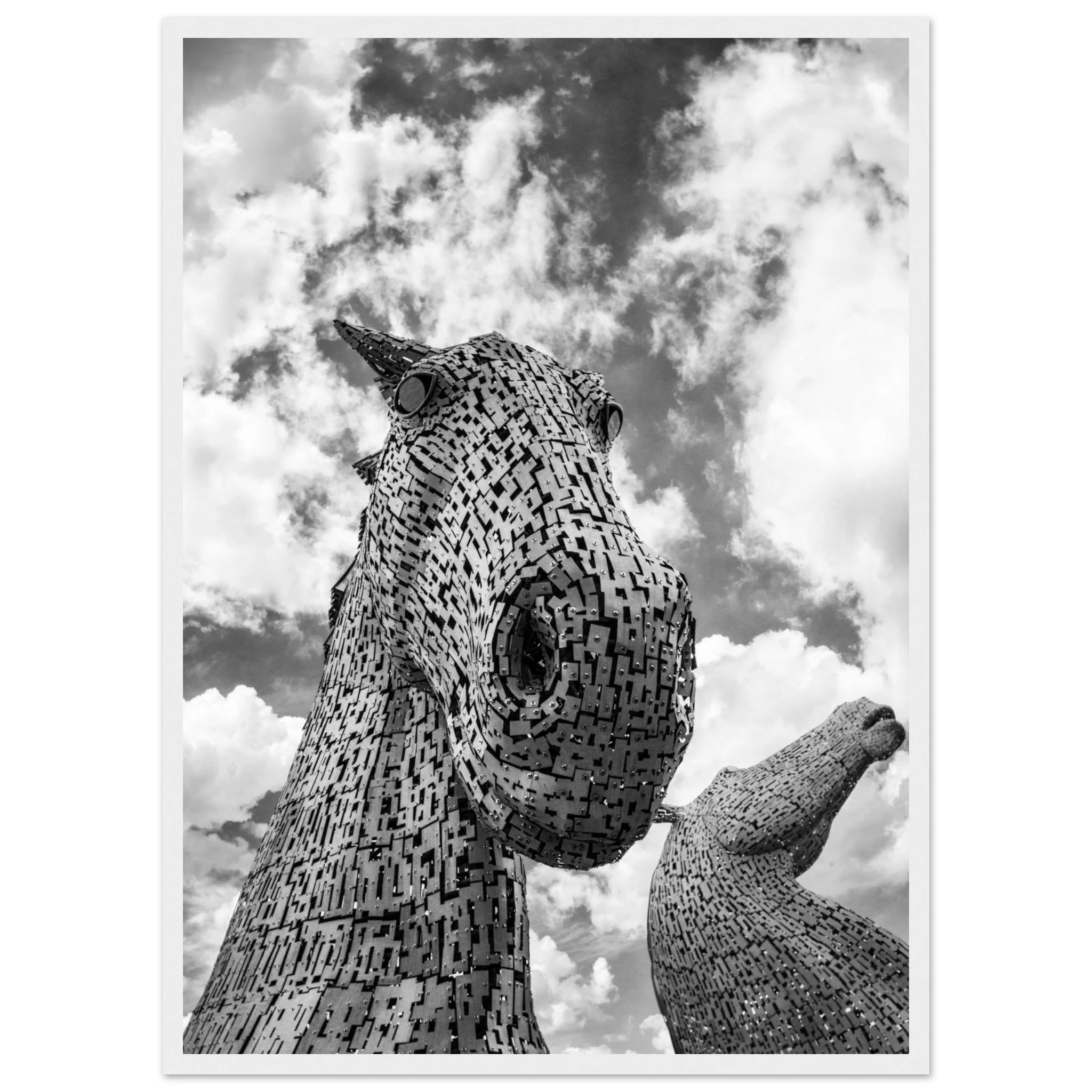 Black and white photograph of The Kelpies sculptures
in Falkirk, Scotland